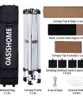 Components of Pop Up Gazebo Canopy Tent 12x12 Portable Instant Setup With One Push Locking System including frame, bag, mesh walls.