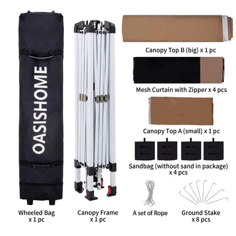 Components of Pop Up Gazebo Canopy Tent 12x12 Portable Instant Setup With One Push Locking System including frame, bag, mesh walls.