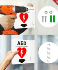 T&R AED sign two-pack, 6x6 inch acrylic with down-arrow; front view showing screws and wall anchors.