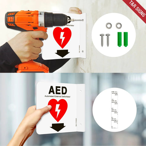 T&R AED sign two-pack, 6x6 inch acrylic with down-arrow; front view showing screws and wall anchors.