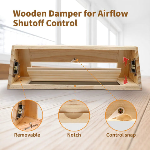 Wooden Oak Baseboard Floor Register with louvered vent, highlighting removable damper and control features.