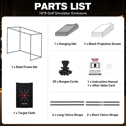 Parts list for All In One 10x8ft Golf Simulator Enclosure With Hitting Net HD Impact Screen Target Cloth Foam Padding