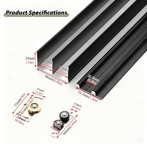 Bypass Sliding Door Hardware Kit For Closet And Cabinet Doors, Includes 36 48 60 72 100 Inch Pocket Track And Rollers, Black Finish