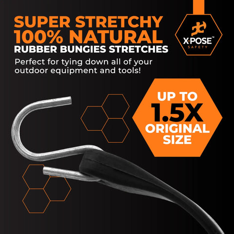 Heavy Duty Rubber Bungee Cords With Hooks 50 Pack showing metal hook and stretch ratio up to 1.5x