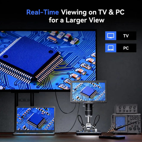 TriL110 3 Lens Digital Microscope With 10.1 Inch IPS Screen 2500X HD Coin View LCD Soldering Microscopy For Grownups 14 LED Lights 2K Quality PC And TV Compatible showing PCB on TV and PC