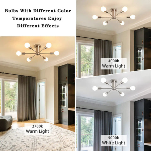 Six Light Sputnik Ceiling Light Fixture illuminating room with varying bulb temperatures, showcasing modern nickel design.