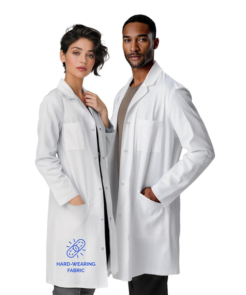 White Unisex Lab Coat With Roomy Over Clothing Fit Dope Workwear Laboratory Coat For Everyday Use Durable Lab Jacket For Men And Women Classic Yet Modern Style Size M