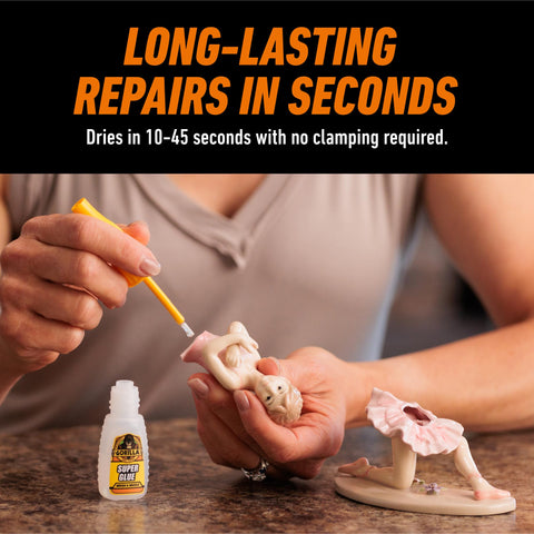 Person using All Purpose Clear Super Glue With Brush And Precision Nozzle Fast Acting Bond For Glass Plastic Wood Metal Ceramic Rubber And Leather 12 Gram Pack For Quick Fixes to repair a ceramic figurine
