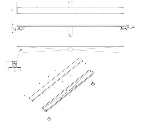 Technical drawing of a Modern Linear Shower Drain Built Tough With Premium 304 Stainless Steel And A Slick Matte Black Finish.