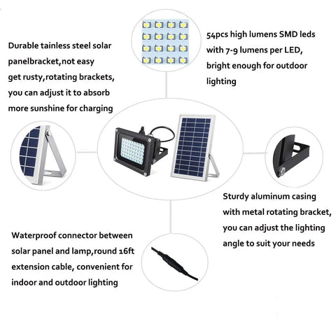 JUDYSSY Outdoor Solar Flood Lights, with Auto-Induction Day and Night, featuring durable materials and adjustable mounting.