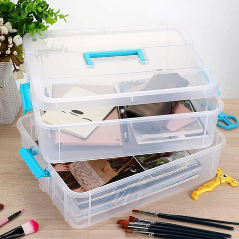 Two Tier Stack Carry Storage Box With Handle, Transparent Clear Bin With Latching Lid, Detachable Buckles for office supplies