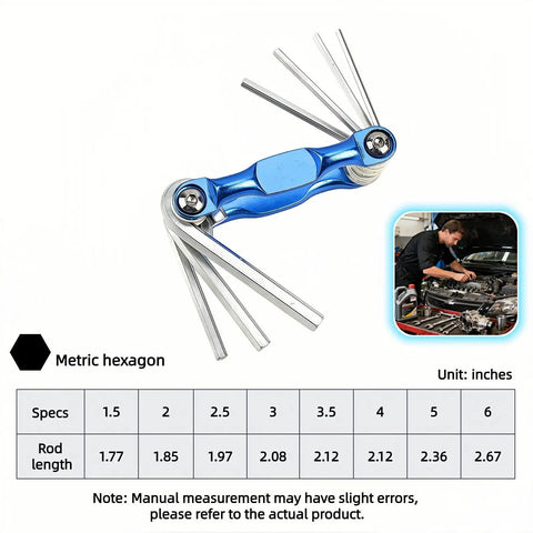 8-In-1 Folding Hex Key Set With Carabiner, CR-V Steel Metric Allen Wrenches 1.5-6mm displayed with size chart