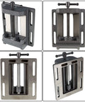Pro Grade 6 Inch Heavy Duty Low Profile Drill Press Vise With Rock Solid Stationary Base for precision steel drilling, showing various angles.