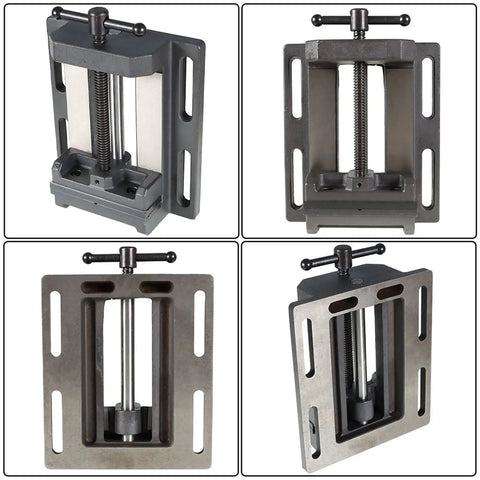 Pro Grade 6 Inch Heavy Duty Low Profile Drill Press Vise With Rock Solid Stationary Base for precision steel drilling, showing various angles.