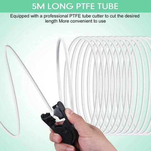 PTFE 3D Printer Tubing Kit With Cutter And Connectors, 16.5 Ft (5 M), 3 Mm ID By 4 Mm OD, translucent tube being cut