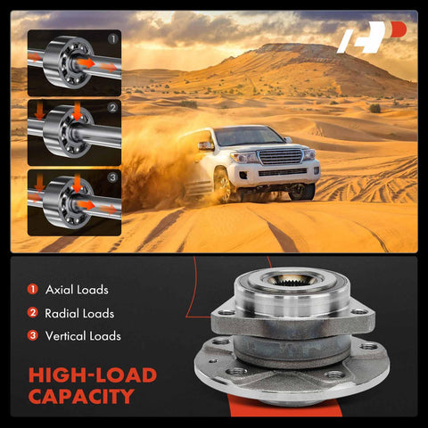 Two Pack Front Wheel Bearing And Hub Assembly For Volkswagen Golf And Audi A3 Series Including GTI R E Golf Alltrack SportWagen Eos Rabbit And Golf City Models 2006 2014 2017 2021 with high-load capacity, shown in desert setting with axial, radial, and vertical load diagrams.
