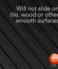 Embossed Wide Rib Waterproof Vinyl Floor Runner Heavy Duty Protector Mat For Indoor Outdoor Use 27 Inch By 6 Foot With Anti Slip Backing To Guard Hardwood Floors Tile Laminate Garage Entryway Kitchen, close-up of black ribbed surface with text overlay "Will not slide on tile, wood or other smooth surfaces."