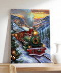 Festive Steam Train Wall Art Print Featuring A Red And Green Locomotive In Snow, Magical Winter Christmas Poster For Living Room Or Bedroom