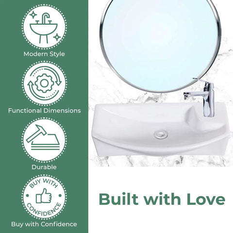 Laura White Ceramic Wall Mount Sink 18 Inch Floating Vessel With Overflow And Single Faucet Hole For Small Bathrooms