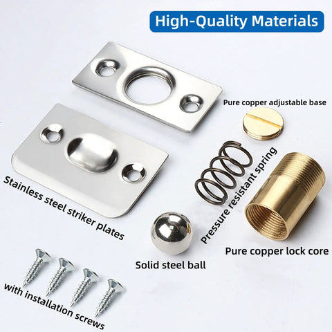 Components of Spring Loaded Ball Catch Four Pack For Top Of Door Adjustable Silent Closet And French Door Latch Hardware Noiseless Cabinet Door Latch Replacement Fits Pantry Kitchen Cabinets Furniture, showing striker plates, screws, and spring.