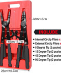 Heavy Duty Snap Ring Pliers Set Two Piece 16 Inch Circlip Pliers For Internal And External Rings With 45 Degree And 90 Degree Tips Ideal For Vehicle Maintenance And Repair By Inchoco in red carrying case, showing pliers and tips.