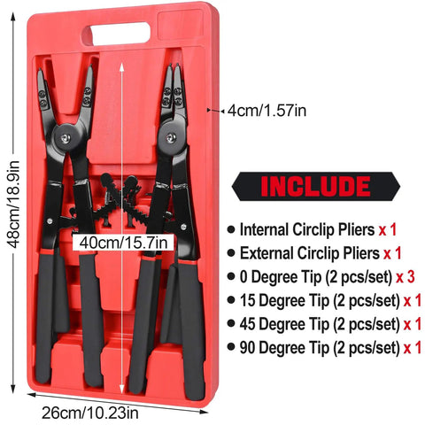Heavy Duty Snap Ring Pliers Set Two Piece 16 Inch Circlip Pliers For Internal And External Rings With 45 Degree And 90 Degree Tips Ideal For Vehicle Maintenance And Repair By Inchoco in red carrying case, showing pliers and tips.