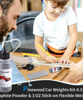 Child preparing pinewood car using Pinewood Derby Weight Kit With 3 Oz Flexible Stick On Weights And 0.5 Oz Graphite Lubricant