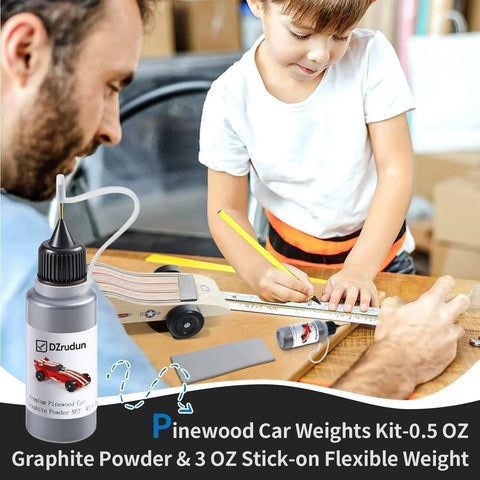 Child preparing pinewood car using Pinewood Derby Weight Kit With 3 Oz Flexible Stick On Weights And 0.5 Oz Graphite Lubricant