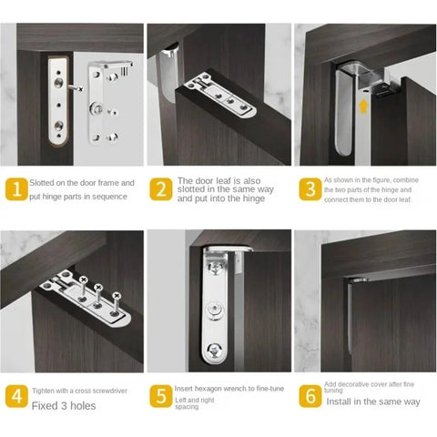 Installation steps for 2 Piece Set Adjustable Swivel Zinc Alloy Hidden Door Hinges for Concealed Install, Invisible Mount, Silver Finish.