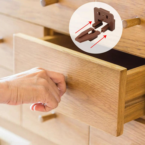 3 Pack Plastic Drawer Slides And Guides Replacement Tracks For Center Mount Bottom Mount Dressers Heavy Duty Glide Hardware No Hassle Vintage Hutch Repair Kit, showing a hand opening a drawer with a dark brown plastic track guide.