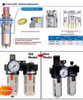 Diagram showing Three In One FRL Air Filter Regulator Lubricator Combo with 1/4 Inch NPT Ports and comparison of old and new models.