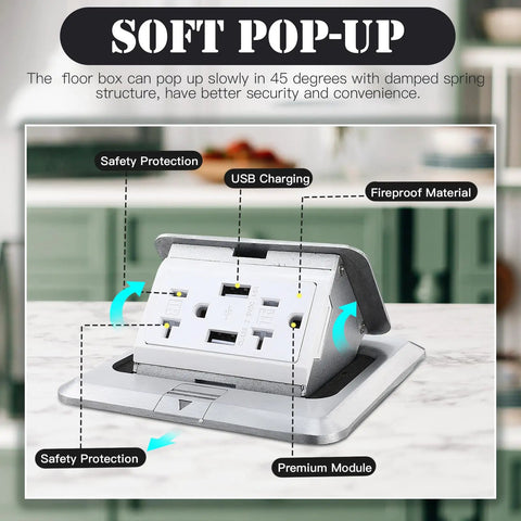 Two Pack Pop Up Floor Electrical Outlet Cover Kit With USB Charger 4.8A and 20 Amp Capacity Weatherproof Tamper Resistant Receptacle