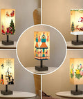 Collage of small table lamps with square fabric shades showcasing seasonal designs, ideal for bedrooms and offices.