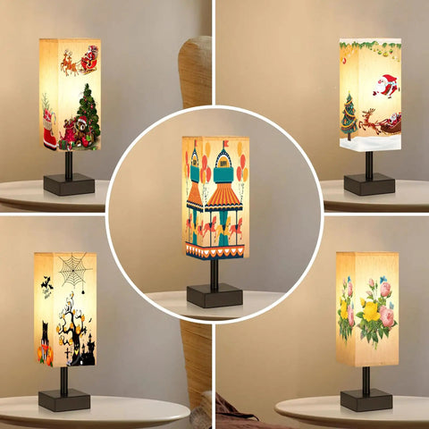 Collage of small table lamps with square fabric shades showcasing seasonal designs, ideal for bedrooms and offices.