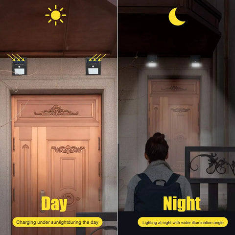 Day and night view of Solar Motion Sensor Outdoor Lights 30 LED 4 Pack With Motion Activated Security Lighting above door