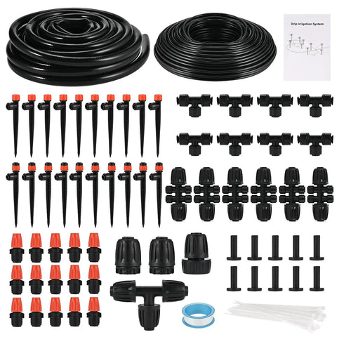 All In One Drip Irrigation Kit With 234 Feet Of One Quarter Inch Tubing 87 Quick Connectors And Drip Emitters on white background
