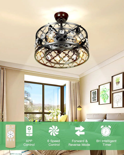 Farmhouse Ceiling Fan With Lights 20 Inch Caged Design Reversible Motor Remote Control Flush Mount in living room