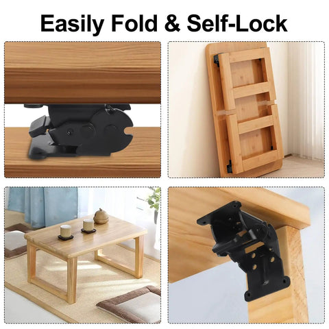 Self Locking Folding Table Hinges 90 Degree Brackets 4 Pack Heavy Duty Black Steel With Nickel Plated Finish installed on a table