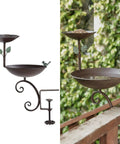 Dual Bowl Bird Bath For Deck Railing And Balcony Feeder Brings Real Deal Backyard Vibes With A Super Snazzy All Season Rack, featuring two bowls and decorative leaves.