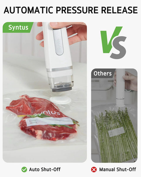 Hand using USB C handheld sealer on meat in bag, All In One Food Vacuum Sealer Kit With 30 Reusable Bags In Small Medium And Large