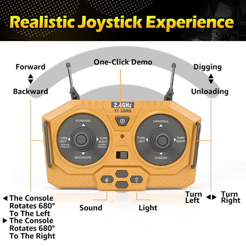 KidsFaves remote control excavator toy; yellow plastic controller with two joysticks and antennas