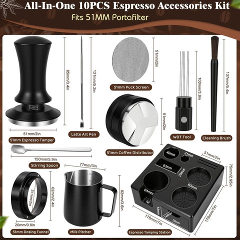 Grab This Legit 10 Piece Espresso Accessories Kit To Level Up Your Morning Routine Featuring A Sleek 51mm Tamping Station And Solid Milk Frothing Pitcher For Serious Coffee Crews Everywhere - 10 piece coffee tool set with tamper, distributor, and pitcher.