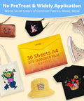DTF Transfer Film For Sublimation 30 A4 Sheets 8.3x11.7 Inches shown with vibrant designs on fabrics, bags, and shoes.