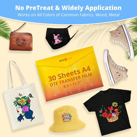 DTF Transfer Film For Sublimation 30 A4 Sheets 8.3x11.7 Inches shown with vibrant designs on fabrics, bags, and shoes.
