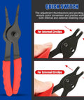 11 Piece Snap Ring Pliers Set With Straight And Bent Retaining Ring Pliers Long Reach Pliers With Hook And Pick For Circlip Removal 0.038 Inch To 0.09 Inch For Car Trunk And Motorcycles Durable Heat Treated Rust Resistant showing quick switch feature for internal and external circlips