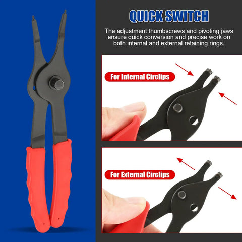 11 Piece Snap Ring Pliers Set With Straight And Bent Retaining Ring Pliers Long Reach Pliers With Hook And Pick For Circlip Removal 0.038 Inch To 0.09 Inch For Car Trunk And Motorcycles Durable Heat Treated Rust Resistant showing quick switch feature for internal and external circlips