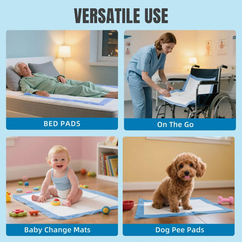 Heavy Duty 40 Count Bed Pads With Secure Adhesive Tabs, 30X36 Disposable Underpads shown for use with adults, babies, and pets.