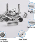 Kickass Stainless Steel Chicago Binding Screws With Phillips Cross Head, Heavy Duty Round Screw Posts And Nail Rivets, Genuinely Rust Proof 5 Mm By 20 Mm Hardware Kit displayed in a pile with various views.