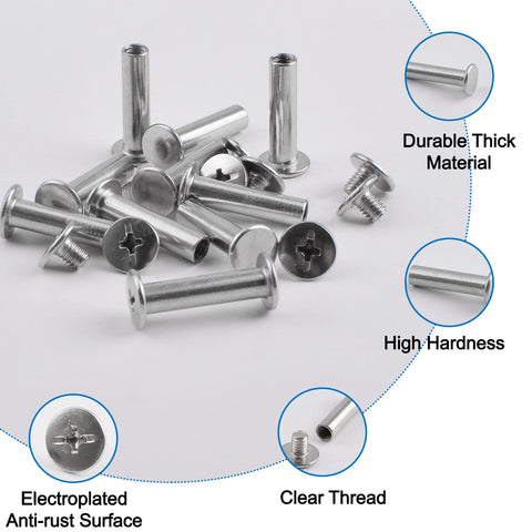 Kickass Stainless Steel Chicago Binding Screws With Phillips Cross Head, Heavy Duty Round Screw Posts And Nail Rivets, Genuinely Rust Proof 5 Mm By 20 Mm Hardware Kit displayed in a pile with various views.