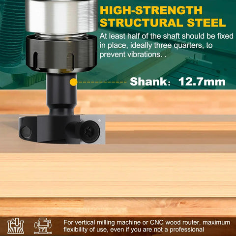 Pro Grade CNC Spoilboard Surfacing Router Bit With Four Wings Half Inch Shank One And A Half Inch Cutting Diameter Slab Flattening Bit For CNC Routers Anti Kickback And Heat Resistant Coating mounted in wood router